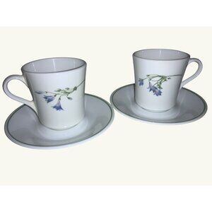 Corelle by Corning Blue Dusk Flat Two Cups & Saucers Blue Flowers Green Band